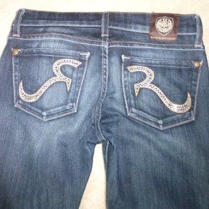 ROCK & REPUBLIC off white rhinestones "Kasandra" boot cut dark wash jeans